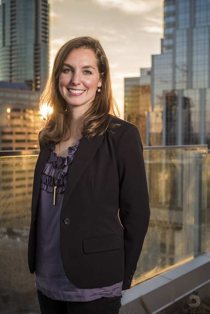 a business portrait of a woman on the roof of the Westin hotel in Austin