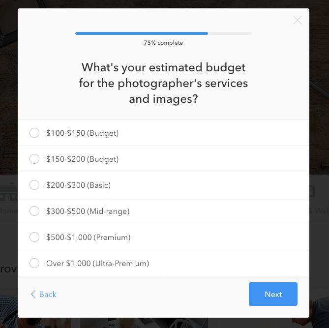 a screenshot of the budget prompt in Thumbtack's request form for commercial real estate photography