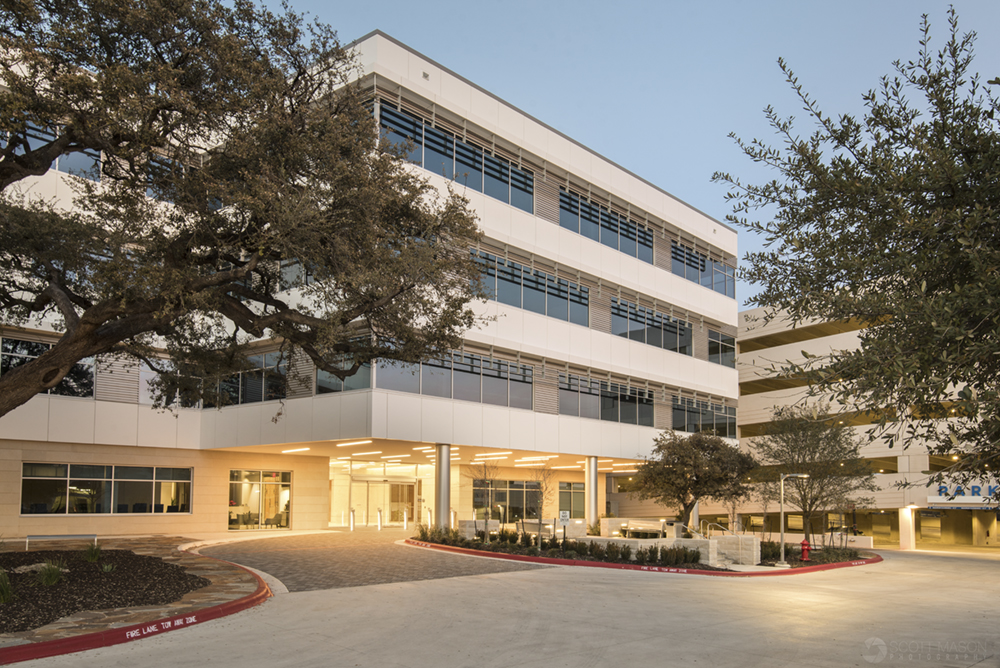 an architectural photo of Mopac Centre in Austin at twilight