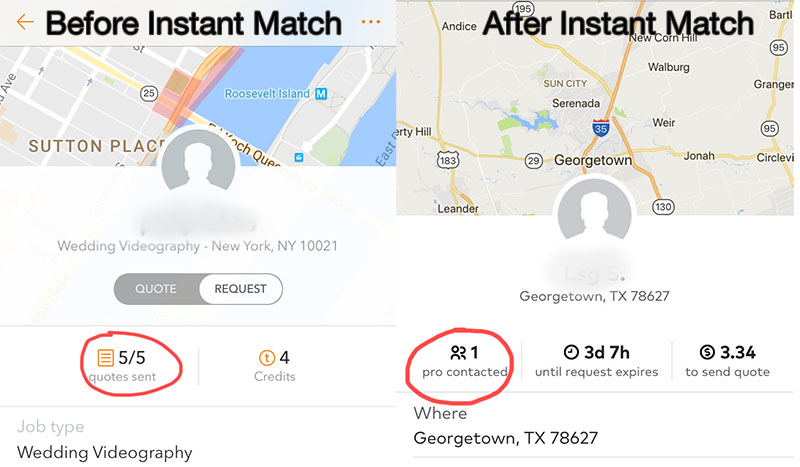 a side-by-side photo showing the difference of Thumbtack's request page before and after Instant Match was released