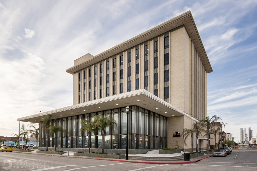 an exterior architectural photo of Moody National Bank in Galveston, TX
