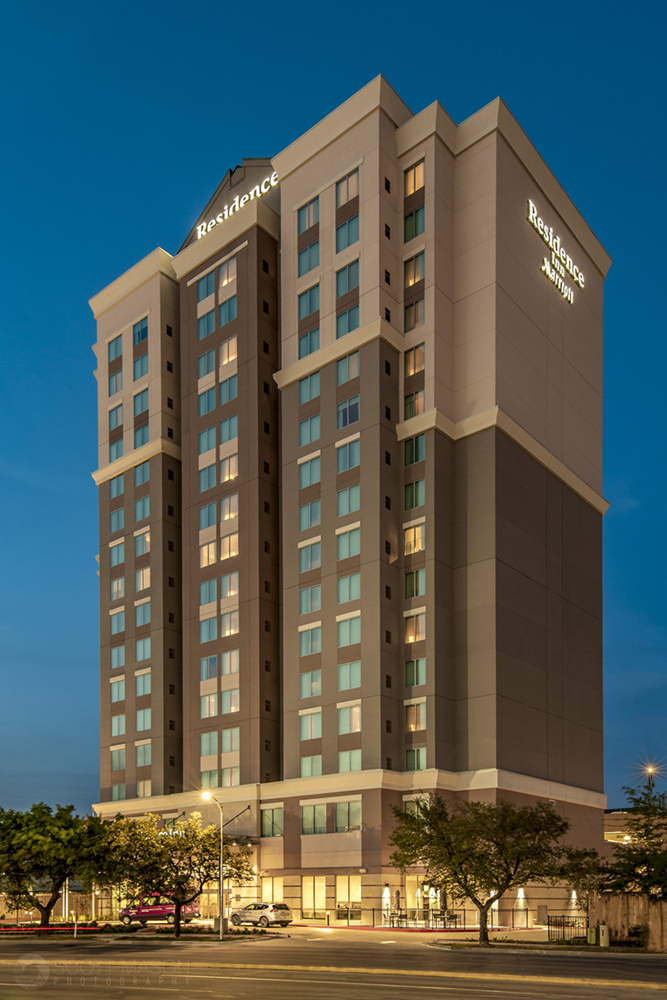 exterior of the Residence Inn by Marriott in Houston at twilight