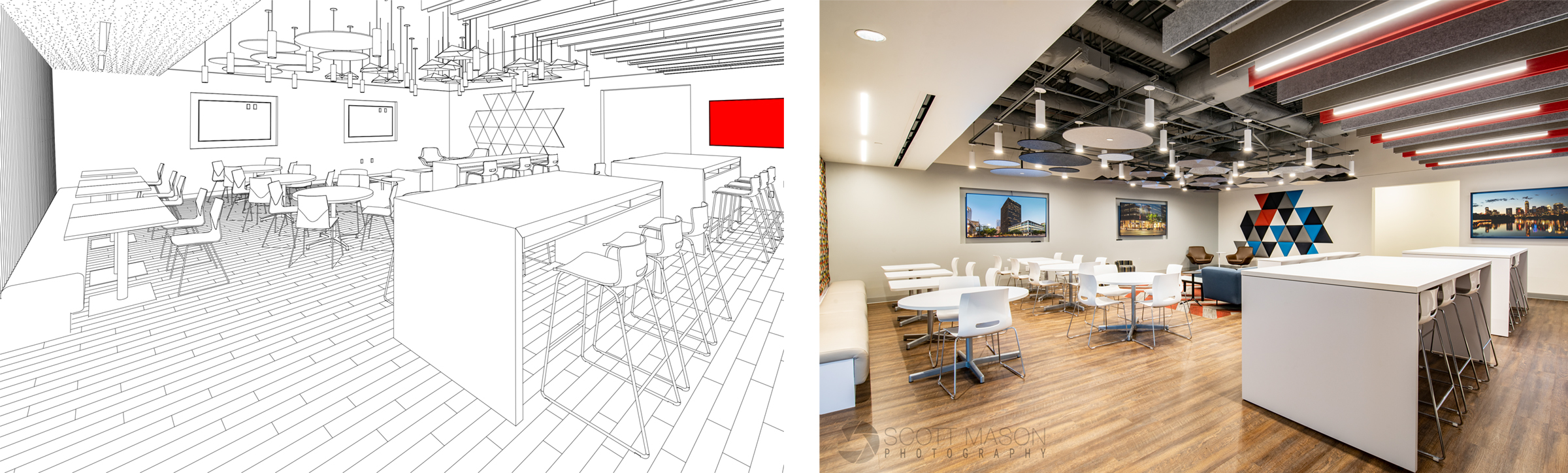 side-by-side of an architectural rendering and interior photo of an office