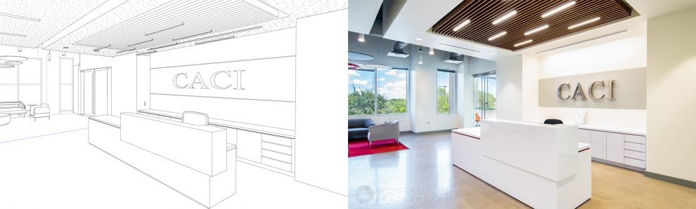 side-by-side of an architectural rendering and interior photo of an office lobby with signage
