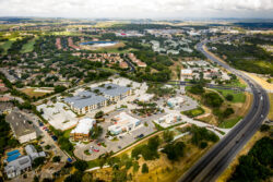 a drone photograph of a shopping center in Austin